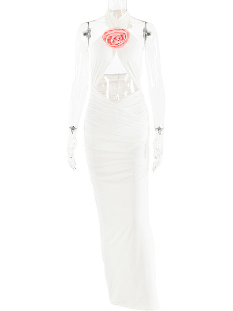 Sexy 3D Flower Hollow Out Backless Women’s Dress Zipper Female Sleeveless Bodycon Maxi Dress Party Club Evening Dress