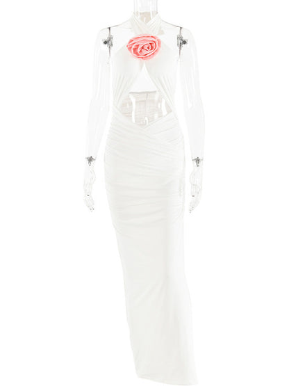 Sexy 3D Flower Hollow Out Backless Women’s Dress Zipper Female Sleeveless Bodycon Maxi Dress Party Club Evening Dress