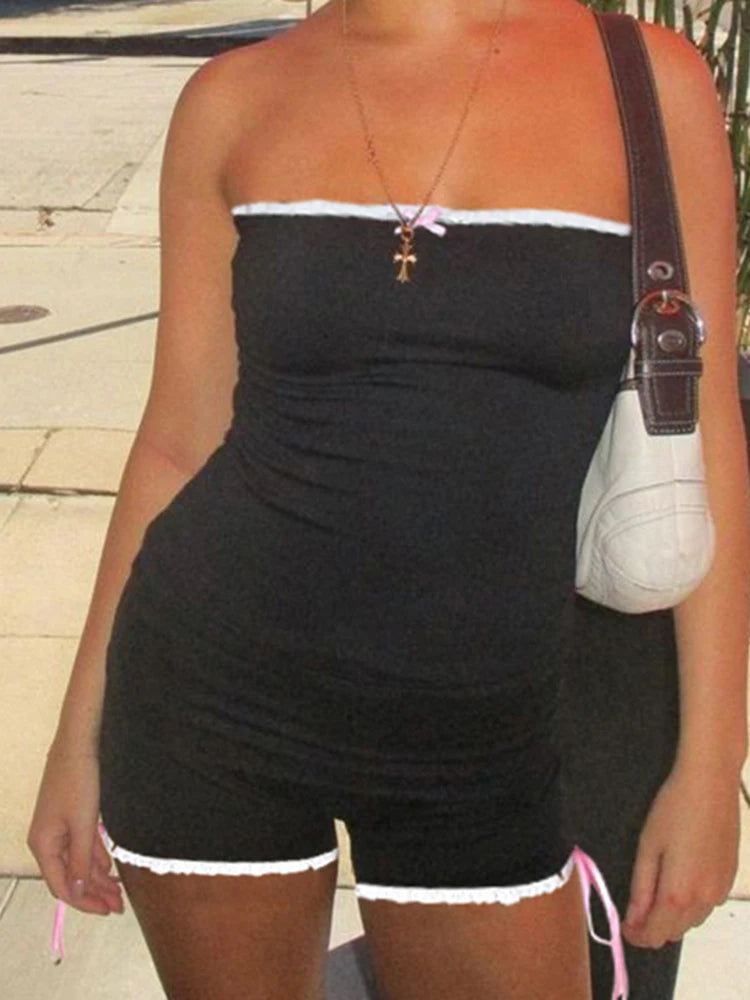 Mono ajustado sin tirantes con lazo en contraste para mujer