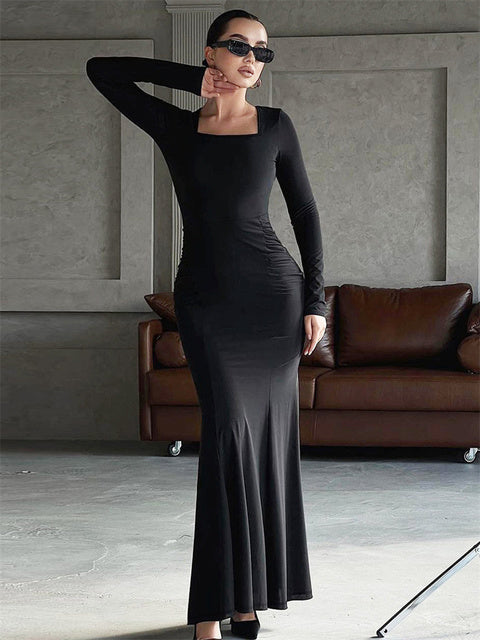 Autumn Fashion Black Maxi Dress Women’s Square Collar High Waist Slim Elegant Party Dress Gown Female Solid Long Dress New