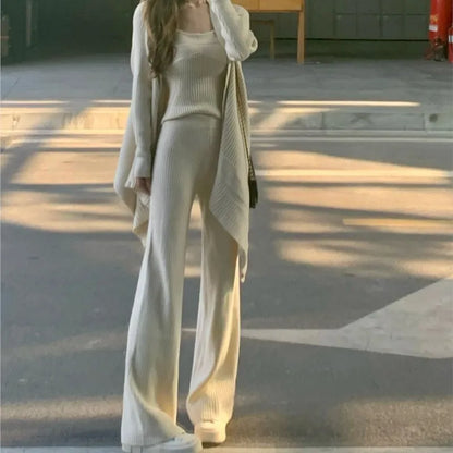 Conjunto de 3 piezas de punto liso para otoño e invierno, camiseta sin mangas para mujer, pantalones largos, cárdigan, suéter, jersey, moda coreana, conjuntos casuales, nuevo