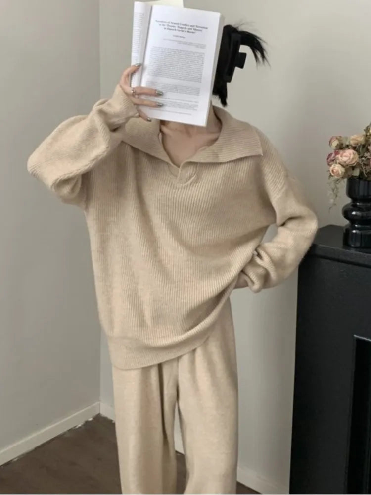 Conjunto de dos piezas de punto para mujer, jersey de solapa, pantalones largos, moda coreana, ropa informal para mujer, prendas de punto nuevas