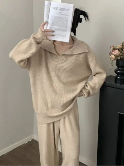Conjunto de dos piezas de punto para mujer, jersey de solapa, pantalones largos, moda coreana, ropa informal para mujer, prendas de punto nuevas