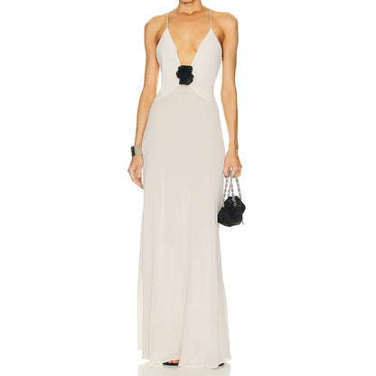 Vestido elegante con escote en V y flores 3D, corte bajo, espalda descubierta, tirantes finos, largo, elegante, para mujer, fiesta, club y vacaciones