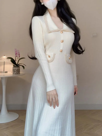 Vestidos de punto de otoño e invierno para mujer, cuello vuelto, moda coreana, corte en A, vestido liso informal, vestidos ajustados para mujer, nuevo