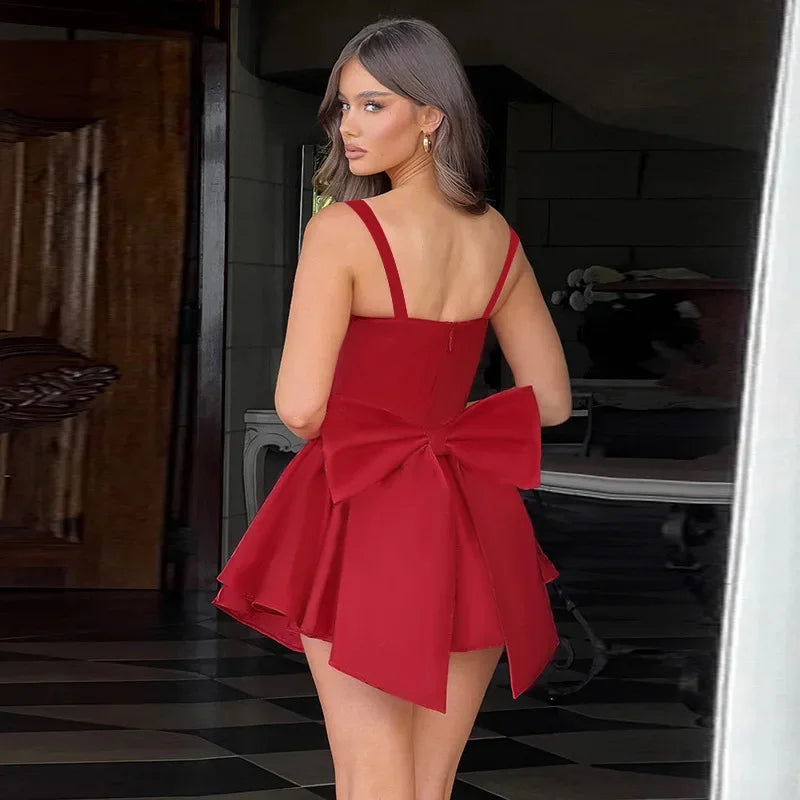 Bows Spaghetti Strap Dress For Women Plunge Sexy Bodycon Mini Dress Zipper A-Line Backless Folds Party Dress High Waist