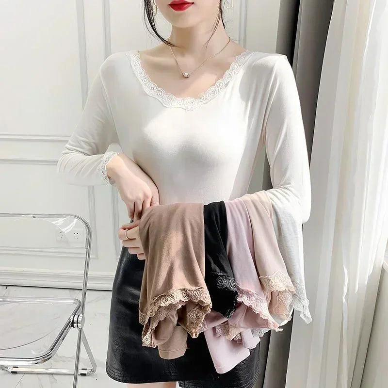 Autumn Long Sleeve Shirt Spring Lycra Thermal Underwear Basic V Neck T-shirt Underwear Woman Top Thin Blouse Female Clothing