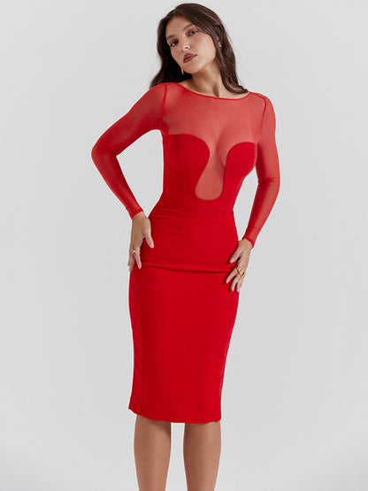 Sexy Mesh Patchwork Christmas Red Dress Women Long Sleeve Bodycon Perspective Evening Dress Elegant Party Club Vestidos