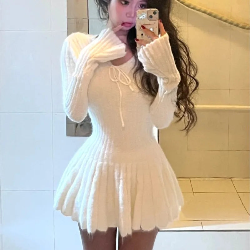 Autumn Winter Sexy Elegant Knitted Dresses for Woman Y2K Harajuku Slim Sweater Dress New Solid Chic Mini Party Dress