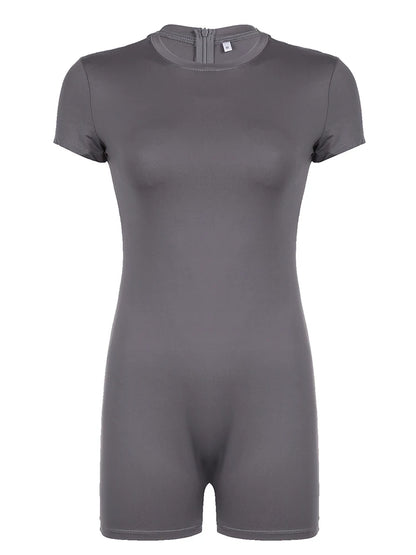 Monos ajustados sexis grises con cuello redondo y cremallera en la espalda, de manga corta, para mujer, color negro, liso, básicos, informales, deportivos, de verano