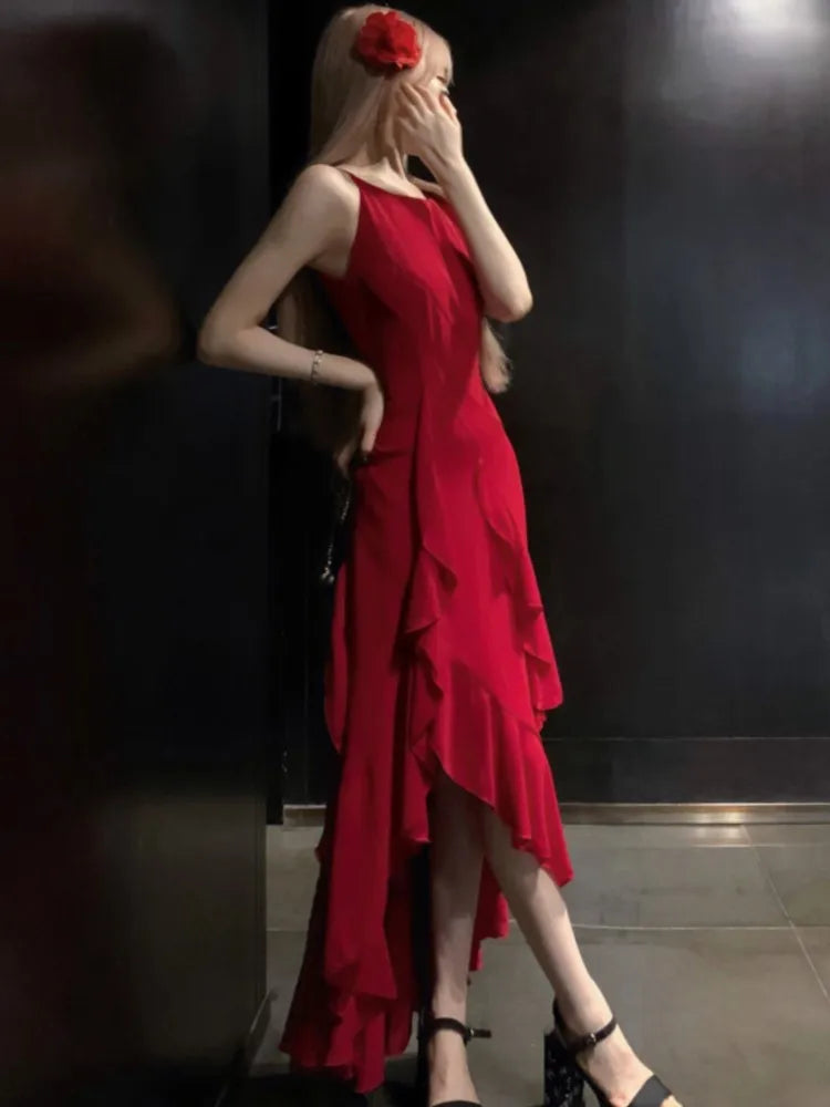 Y2K Red Irregular Womens Dresses Sexy Spaghetti Strap Sleeveless Ruffles Birthday Party Dress Summer Slim Casual Vestidos Mujer