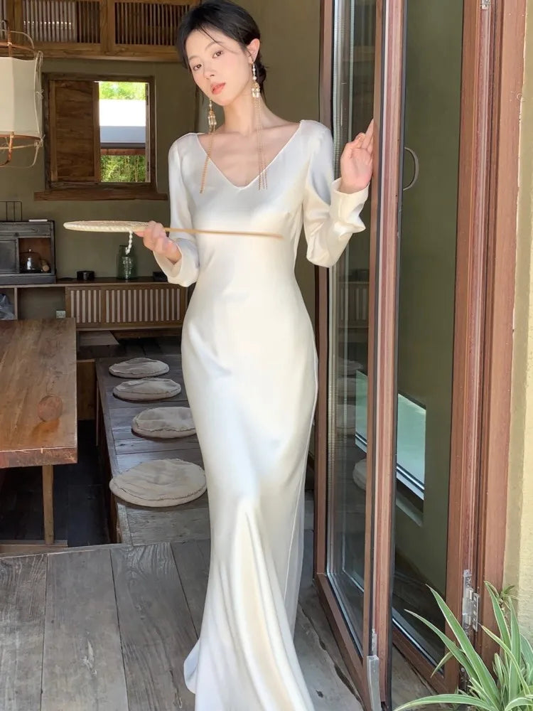 Vestidos largos de satén de otoño para mujer, vestido de fiesta de noche para boda, vestido de graduación, vestido de sirena de una pieza con cuello en V y mangas largas