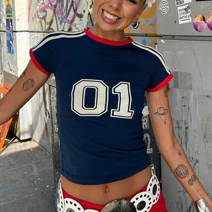 Camiseta minimalista con estampado digital informal de cuello redondo y manga corta para mujer, estilo europeo y americano, novedad Y2K para las cuatro estaciones