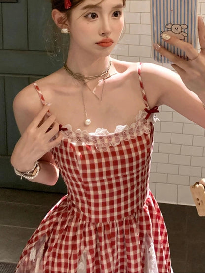 Minivestidos a cuadros rojos Y2K para mujer, con tirantes finos, de encaje y patchwork, corte en A, para fiesta de cumpleaños, moda coreana, vestido de una pieza