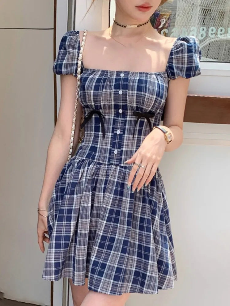Y2K Plaid Short Dresses for Women Princess Birthday Party Dress Puff Sleeve Square Collar Bow Prom Summer Mini Vestidos Mujer