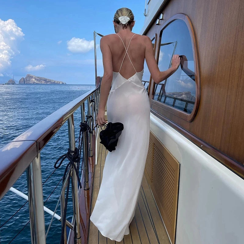 Vestido elegante con escote en V y flores 3D, corte bajo, espalda descubierta, tirantes finos, largo, elegante, para mujer, fiesta, club y vacaciones