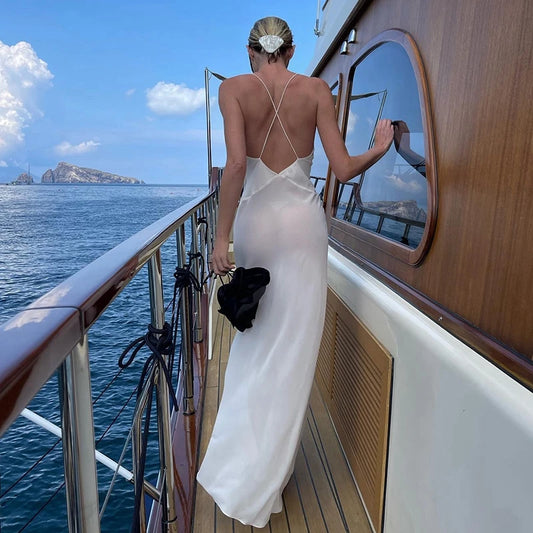 3D Flower Decro V Neck Low Cut Dress Elegant Sexy Backless Spaghetti Strap Long Dress Chic Women Club Party Holiday Vestidos