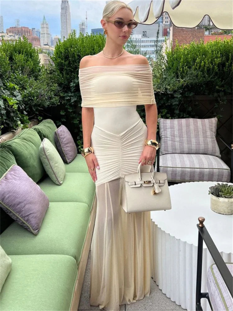 Autumn Mesh 2 Piece-Set Long Dress Women Off-Shoulder Pleated Elegant Bandeau Dress See-Through Female Maxi Dress Outfits