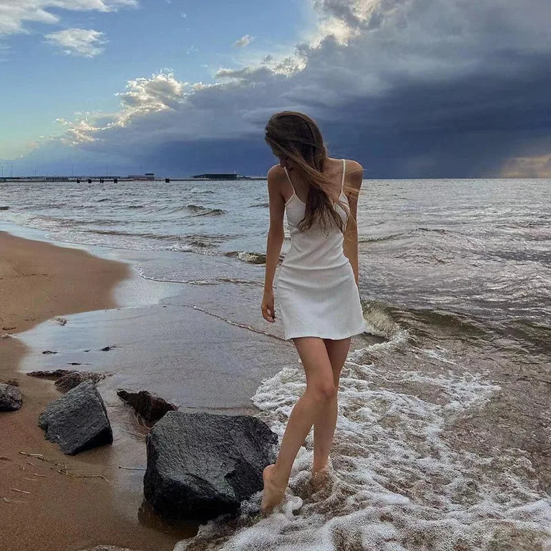 Basic Dress for Women White Spaghetti Strap Sleeveless A Line Mini Dresses y2k Clothes 2000s Aesthetic Dress Beach Wear