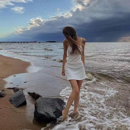 Basic Dress for Women White Spaghetti Strap Sleeveless A Line Mini Dresses y2k Clothes 2000s Aesthetic Dress Beach Wear