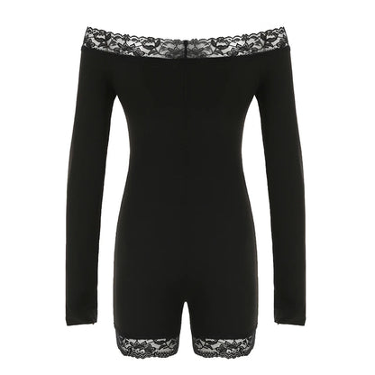 Slim Black Lace Trim Playsuit Women Sexy Comfortable Long Sleeve Classical Rompers s New Chic