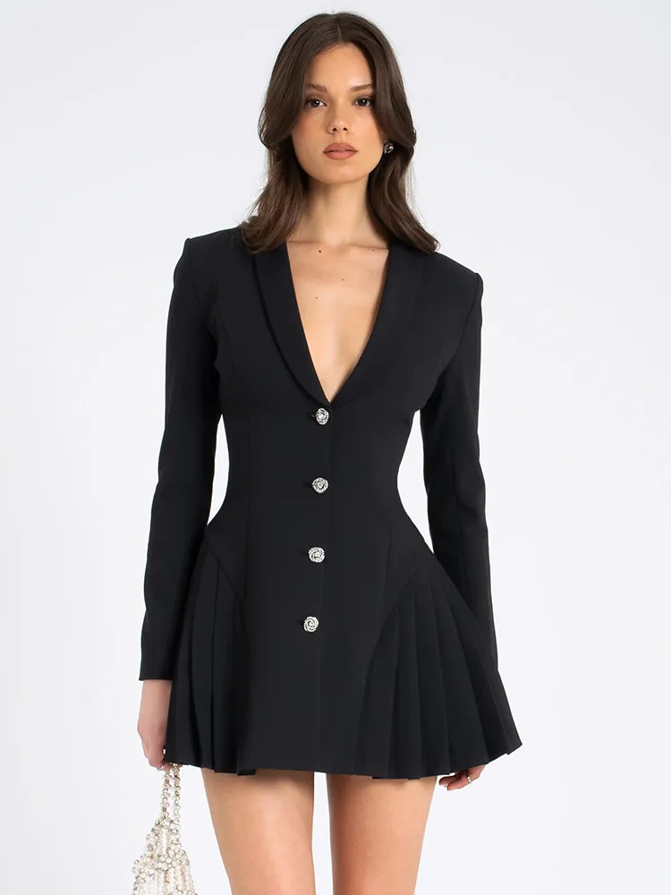 Autumn Black Blazer Mini Dress For Women Fashion V Neck Single-breasted Long Sleeve High Waist Pleated Sexy Dress