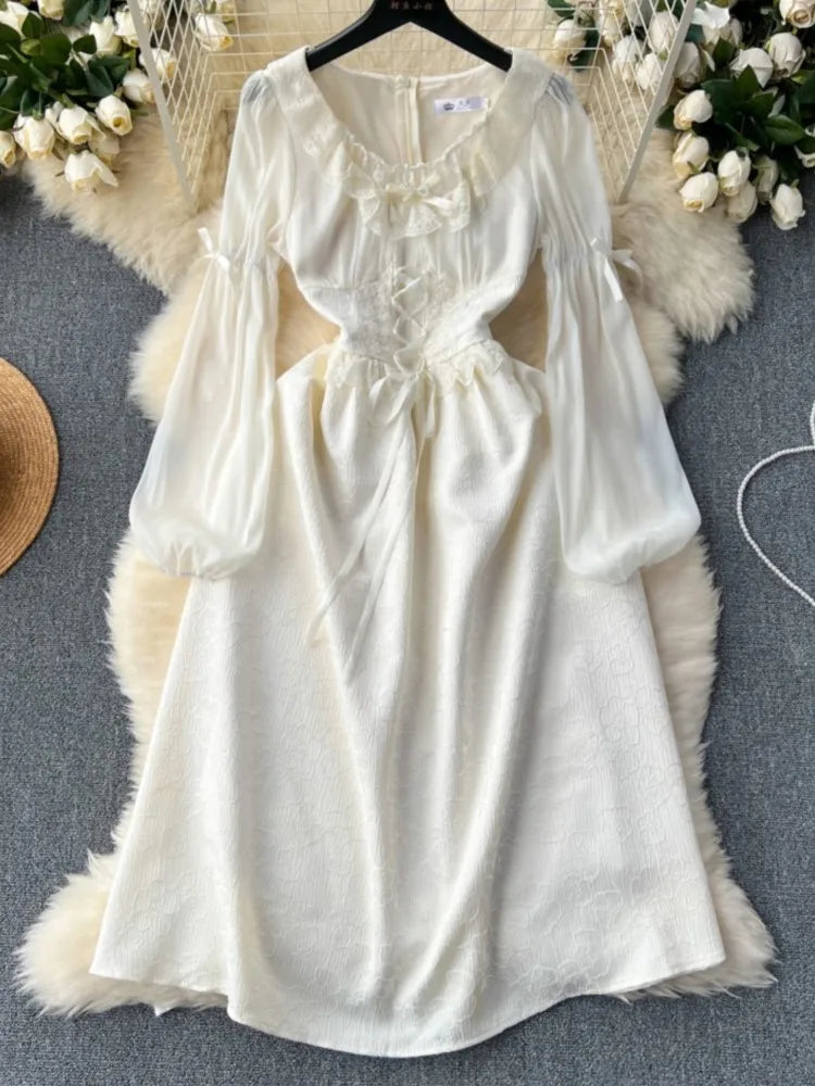 Autumn Elegant Wedding Princess Party Dress Women Korean Jacquard Fairy Vintage Lace-up Lantern Sleeve Dresses Vestidos