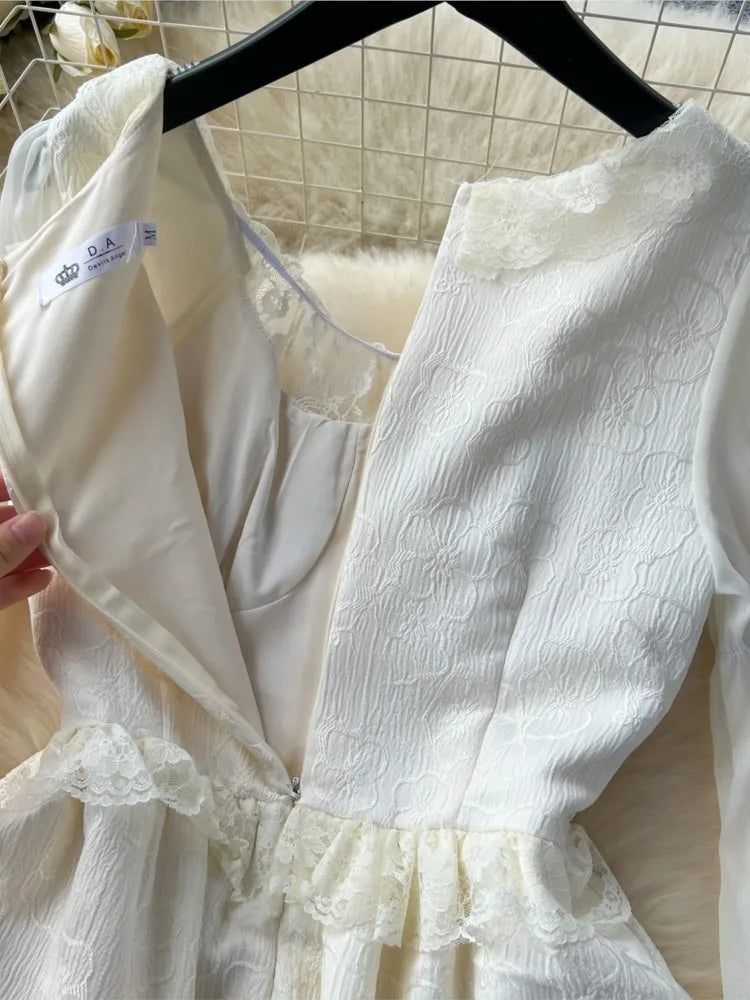 Autumn Elegant Wedding Princess Party Dress Women Korean Jacquard Fairy Vintage Lace-up Lantern Sleeve Dresses Vestidos