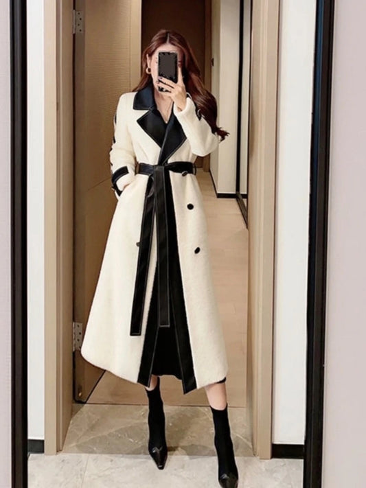 Autumn Winter Chic Woolen Coat Women Patchwork Long Jackets with Belt Lapel Korean Fashion Female Outerwear New Soft Overcoat