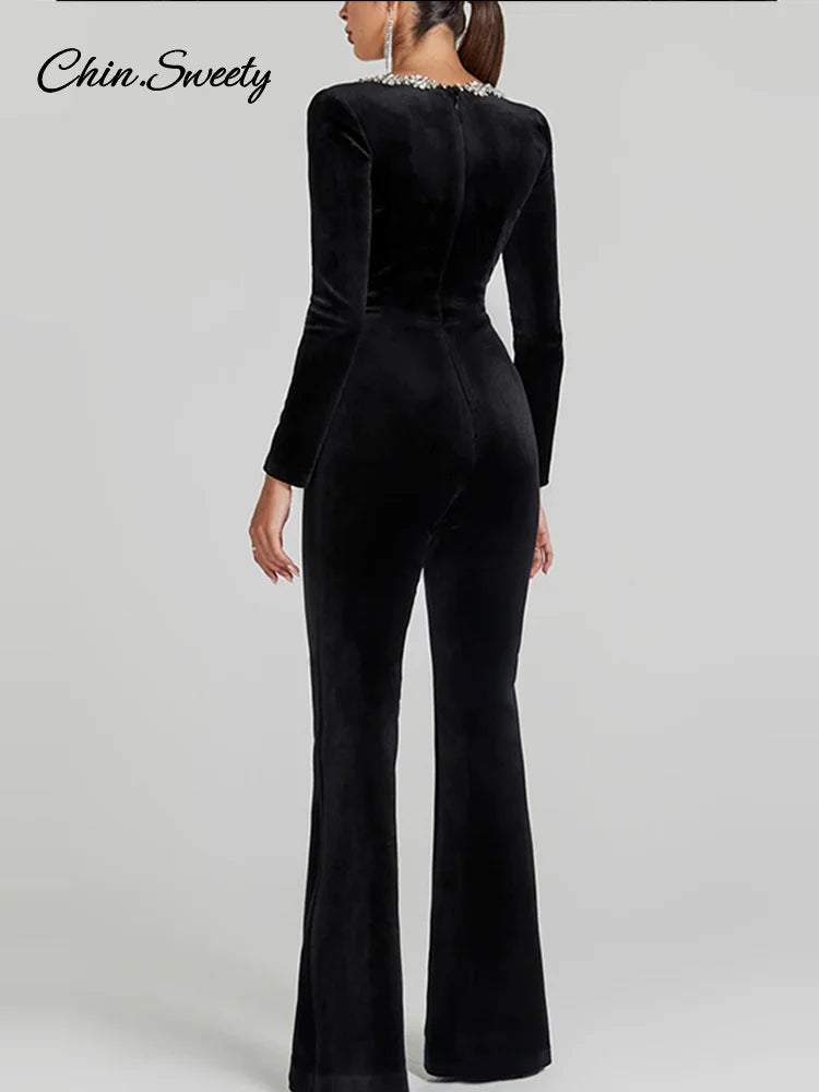Black Beaded Velvet Jumpsuits For Women One Piece Long Sleeve Square Collar Full Length Jumpsuit Christmas Evening Party Gown