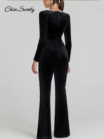 Black Beaded Velvet Jumpsuits For Women One Piece Long Sleeve Square Collar Full Length Jumpsuit Christmas Evening Party Gown