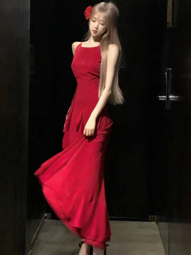 Y2K Red Irregular Womens Dresses Sexy Spaghetti Strap Sleeveless Ruffles Birthday Party Dress Summer Slim Casual Vestidos Mujer