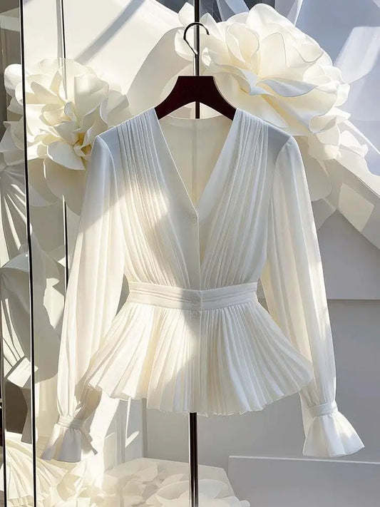 Blusa básica de chifón con cuello en V y volantes para mujer, elegante, blanca, plisada, de manga larga, informal, para oficina