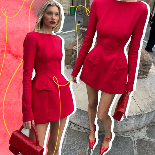 Bows Splice Long Sleeve Mini Dress Elegant Office Woman Solid Bodycon Club Party Dresses  Autumn High Waist Fashion