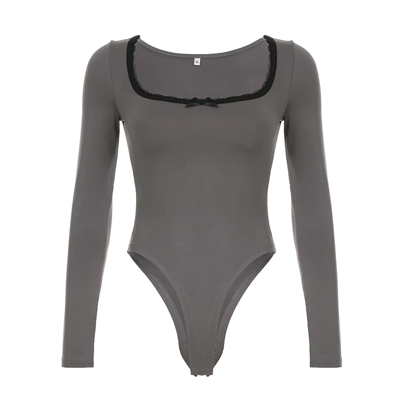 Autumn Hotsweets Slim Long Sleeve Bodysuit Women Simple Lace Trim Square Collar Bow Rompers s Trendy Clothing