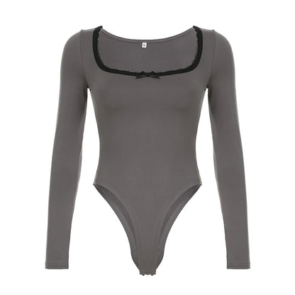 Autumn Hotsweets Slim Long Sleeve Bodysuit Women Simple Lace Trim Square Collar Bow Rompers s Trendy Clothing