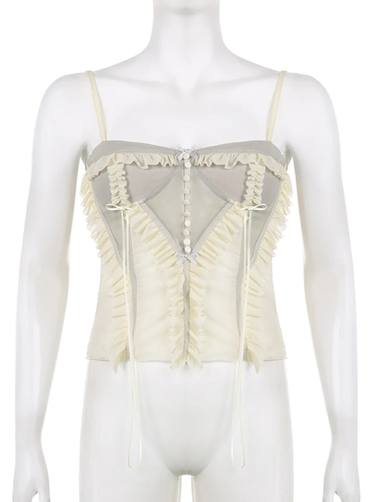 Camisola de tirantes fina con volantes y retazos para mujer, estilo Y2K, estilo veraniego, estilo urbano, sexy, de los años 2000