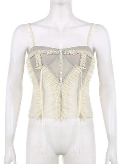 Camisola de tirantes fina con volantes y retazos para mujer, estilo Y2K, estilo veraniego, estilo urbano, sexy, de los años 2000