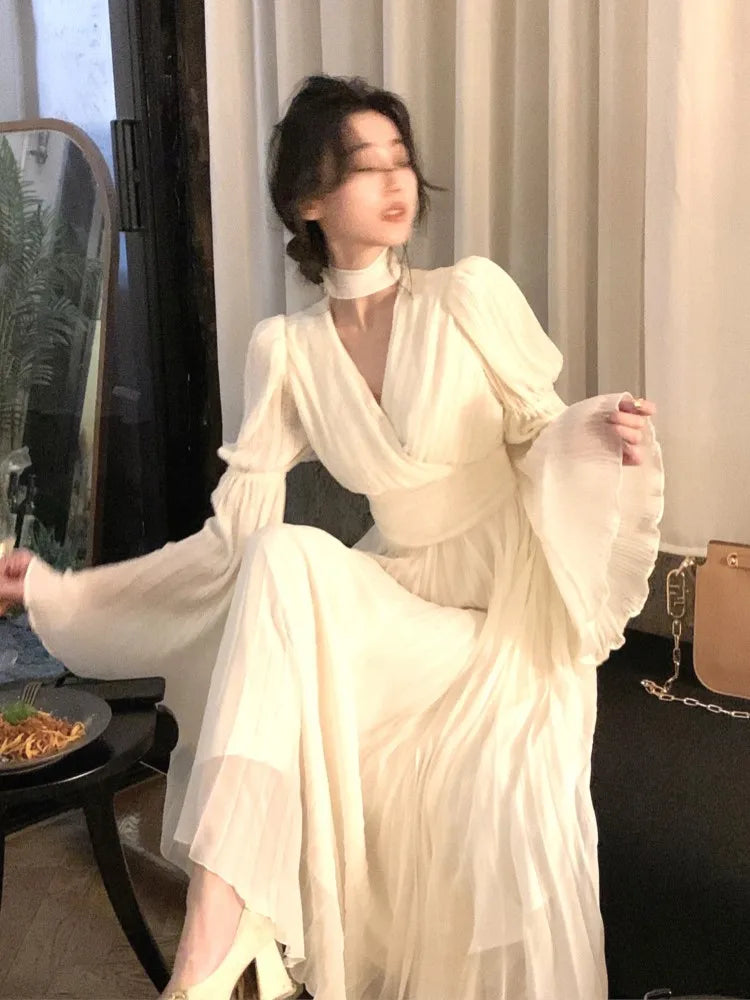 Autumn Solid Pleated Long Dresses for Women Halter V-neck Flare Sleeve Wedding Party Dress Korean Fashion One Piece Vestidos New
