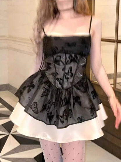 Vestido corto de una pieza con volantes y tirantes finos de encaje Y2K para mujer, vestido de fiesta de verano, moda coreana