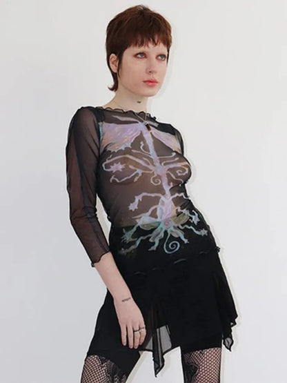 Abstract Print Graphic T Shirts For Women Clothes Y2k Accessories Mesh See Through Ropa De Mujer Bodycon Crop Top Quarter Sleeve