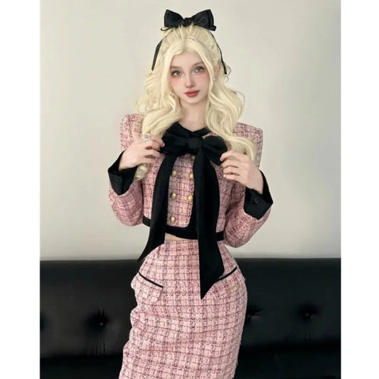 Conjunto de dos piezas elegante de moda coreana para otoño e invierno, chaqueta corta, abrigo, falda midi de cintura alta, conjuntos de lujo.