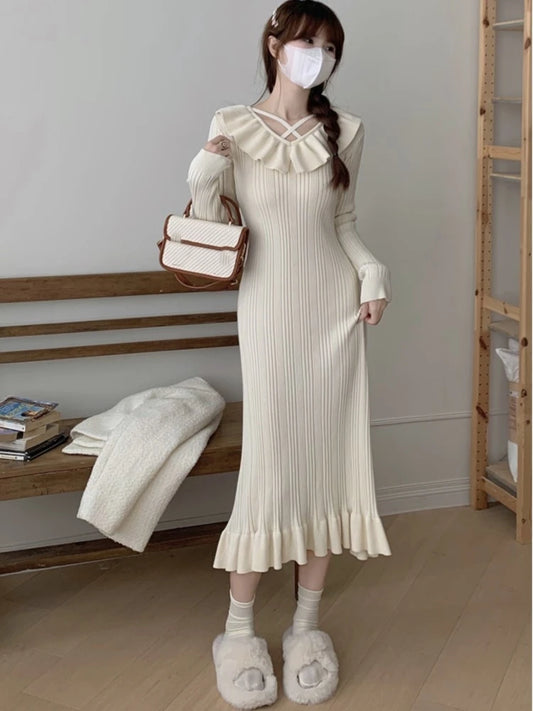 Autumn Knitted Dresses for Women Ruffles V-neck Solid Bodycon Casual Solid Midi Dress Korean Fashion Vestidos Mujer New Knitwear