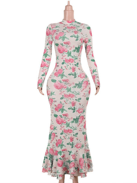 Bodycon Long Sleeve Half High Collar Print Zipper Elegant Maxi Dress Women Slim High Waist Sexy Dress Ladies Outfits