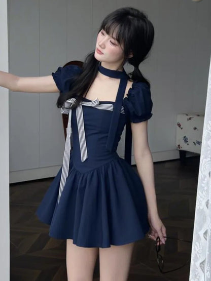 Vestidos cortos Y2K para mujer, cuello cuadrado, mangas abullonadas, volantes, corte A, liso, moda coreana de verano, dulce, de una pieza, Vestido para mujer