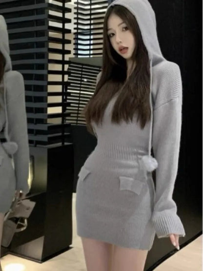 Autumn Women’s Knitted Dresses for Women Hoodies V-neck Long Sleeve Bodycon Short Dress Casual Korean Chic Vestidos Mujer New