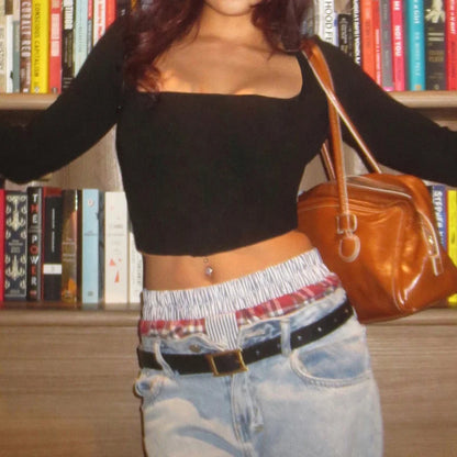 Top corto de manga larga con cuello cuadrado negro de piel Y2K para mujer, camiseta ajustada, moda de los años 2000, camiseta sexy de calle, estética