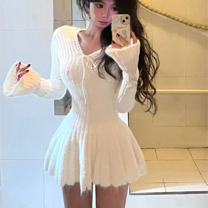 Autumn Winter Sexy Elegant Knitted Dresses for Woman Y2K Harajuku Slim Sweater Dress New Solid Chic Mini Party Dress