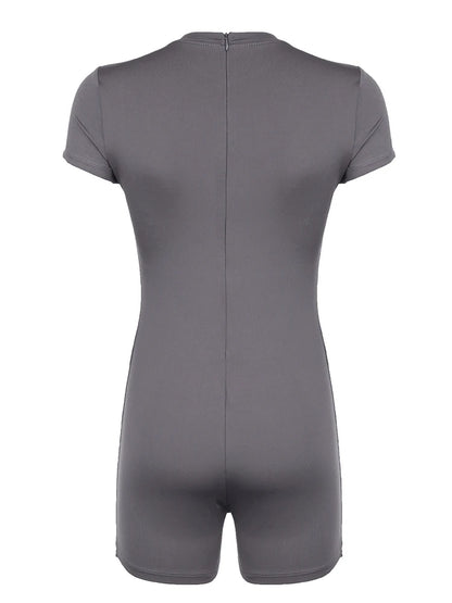 Monos ajustados sexis grises con cuello redondo y cremallera en la espalda, de manga corta, para mujer, color negro, liso, básicos, informales, deportivos, de verano