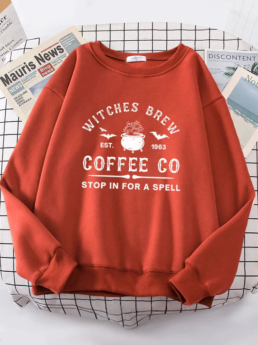 Sudadera con estampado de letras de café de brujas, color liso, sencilla, para mujer, manga larga, cálida, tipo pulóver